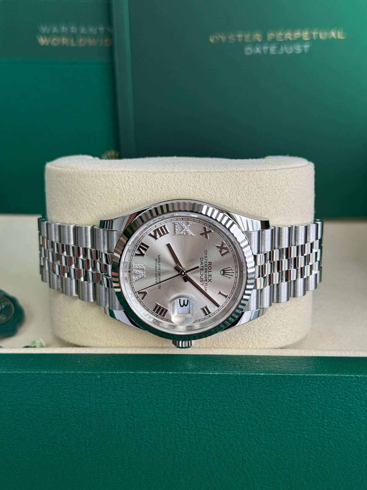 Rolex Datejust 36mm Fluted Bezel Silver Roman Diamond Dial Jubilee - 126234 - New 2025