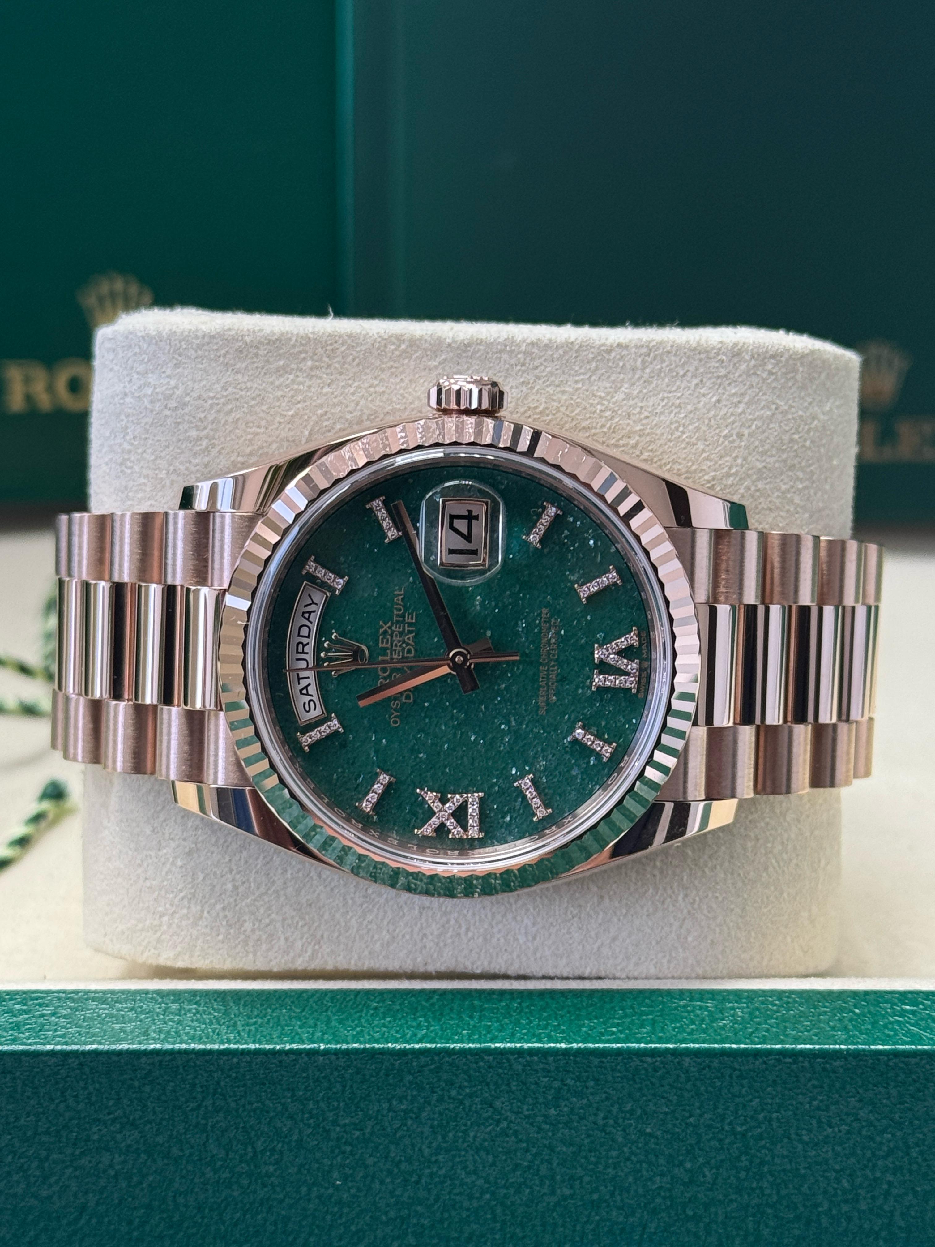 Rolex Day-Date "President" 36mm Everose Green Aventurine Roman Diamond Dial - 128235 - New 2025
