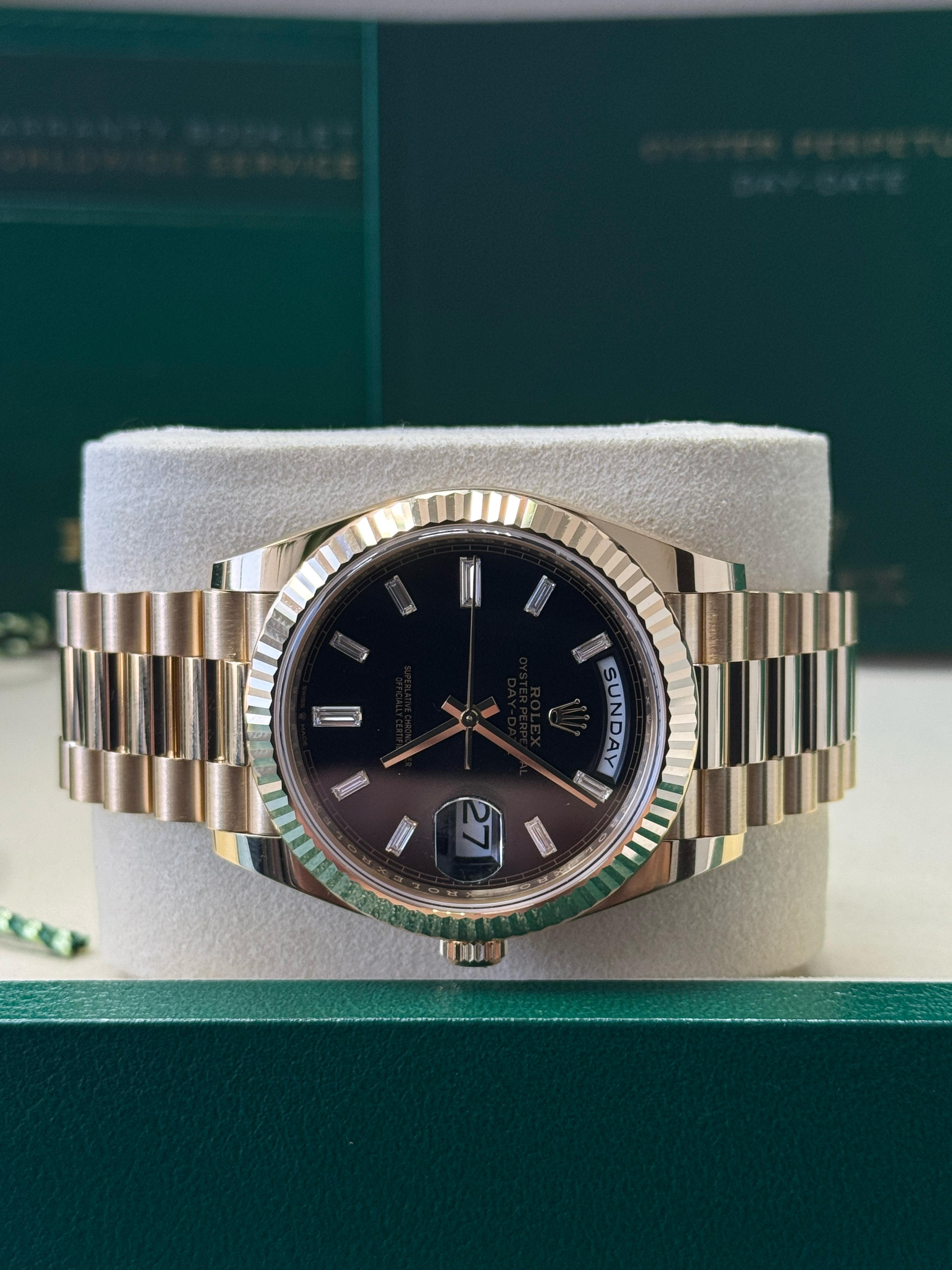 Rolex Yellow Gold President Day Date 40mm Black Diamond Baguette Dial - 228238 - New 2025