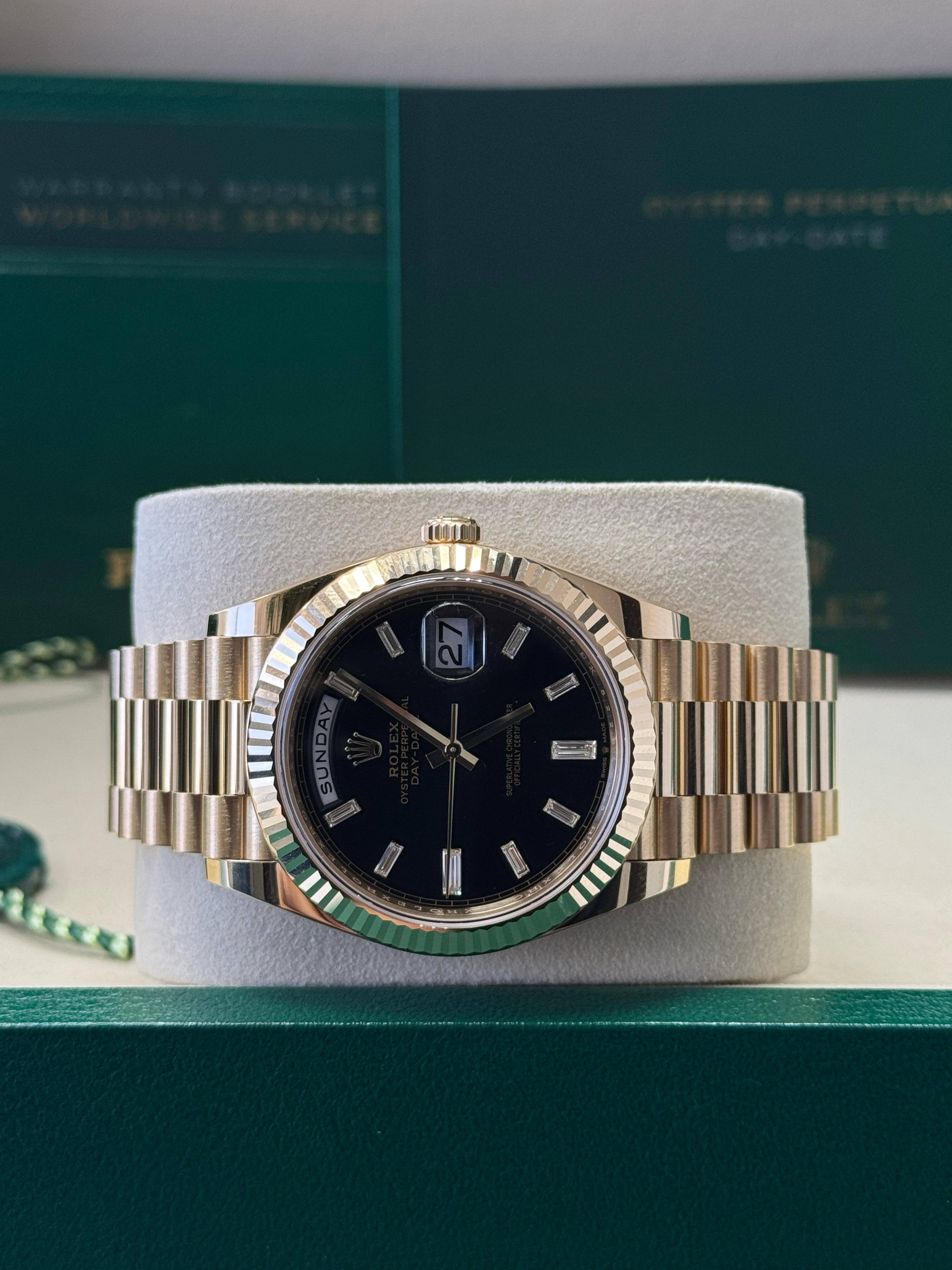 Rolex Yellow Gold President Day Date 40mm Black Diamond Baguette Dial - 228238 - New 2025