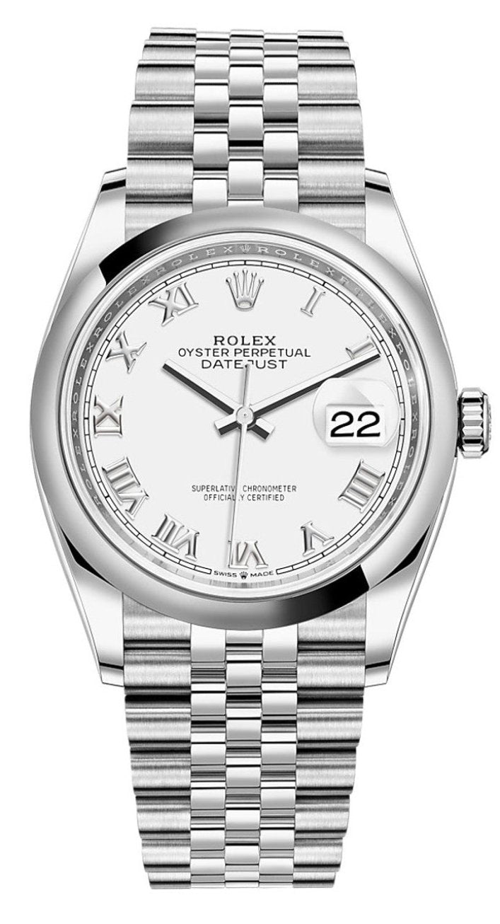 Rolex Datejust 36mm Smooth Bezel White Roman Dial Jubilee - 126200 - New 2025