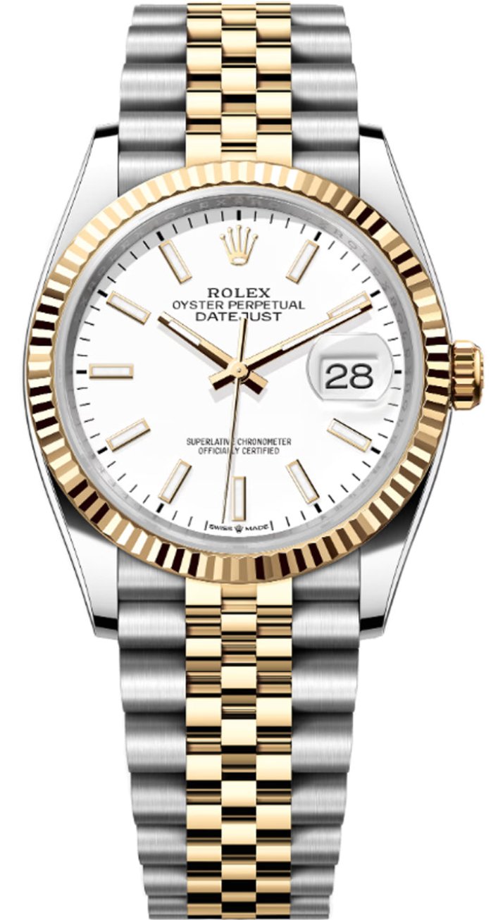 Rolex Datejust 36mm Two-Tone Yellow Gold Fluted Bezel White Index Dial Jubilee - 126233 - New 2025