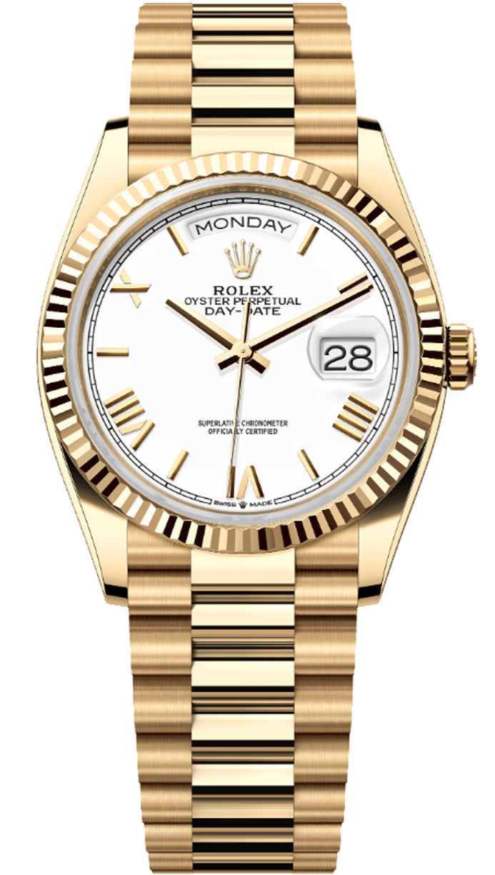 Rolex Day-Date "President" 36mm Yellow Gold White Roman Dial - 128238 - New 2025