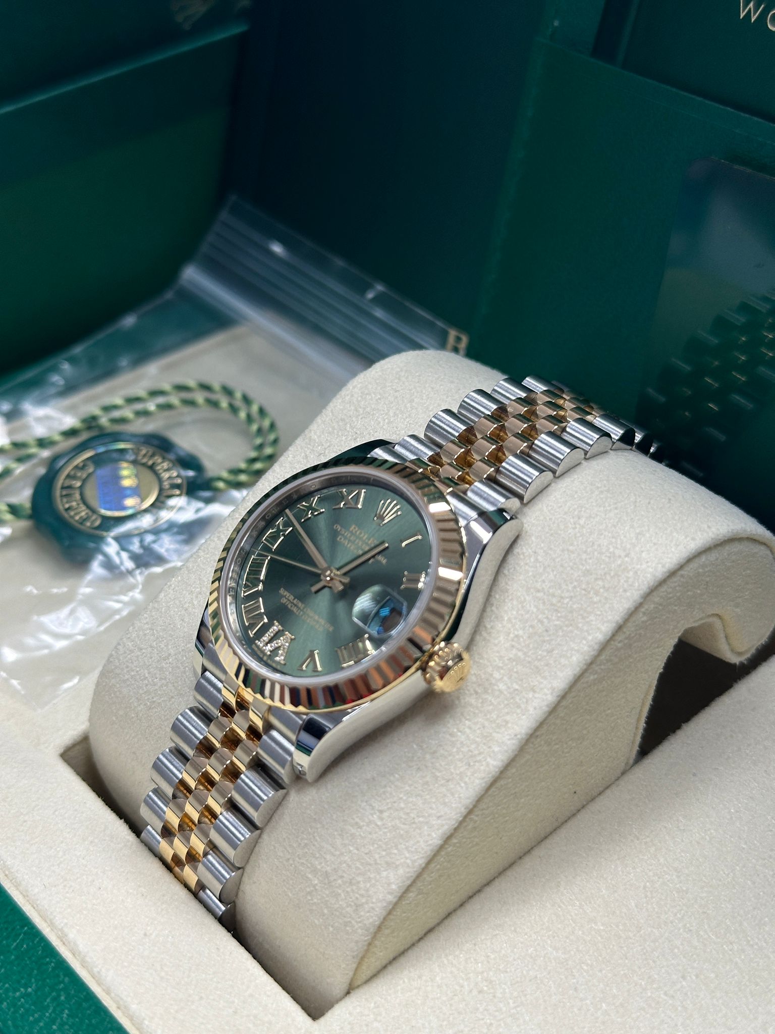 Rolex Datejust 31 Green Roman Diamond Dial Fluted Two-Tone Jubilee - 278273 - New 2025