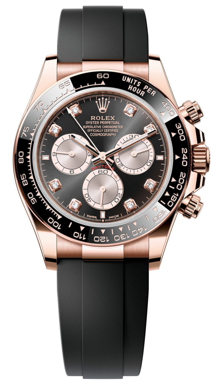 Rolex Cosmograph Daytona 40mm Everose Gold Ceramic Bezel Black and Sundust Diamond Dial Oysterflex - 126515LN - New 2025