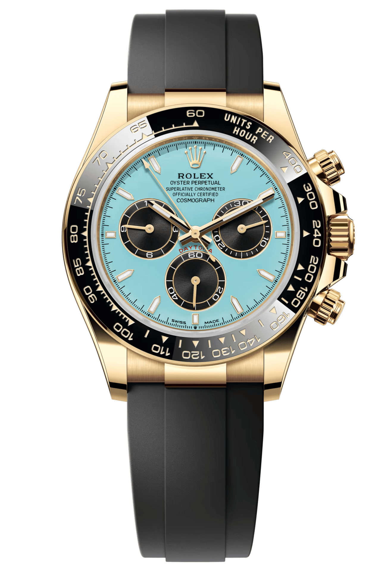 Rolex Cosmograph Daytona 40mm Yellow Gold Ceramic Bezel Turquoise Blue and Black "Tiffany" Dial Oysterflex - 126518LN - New 2025