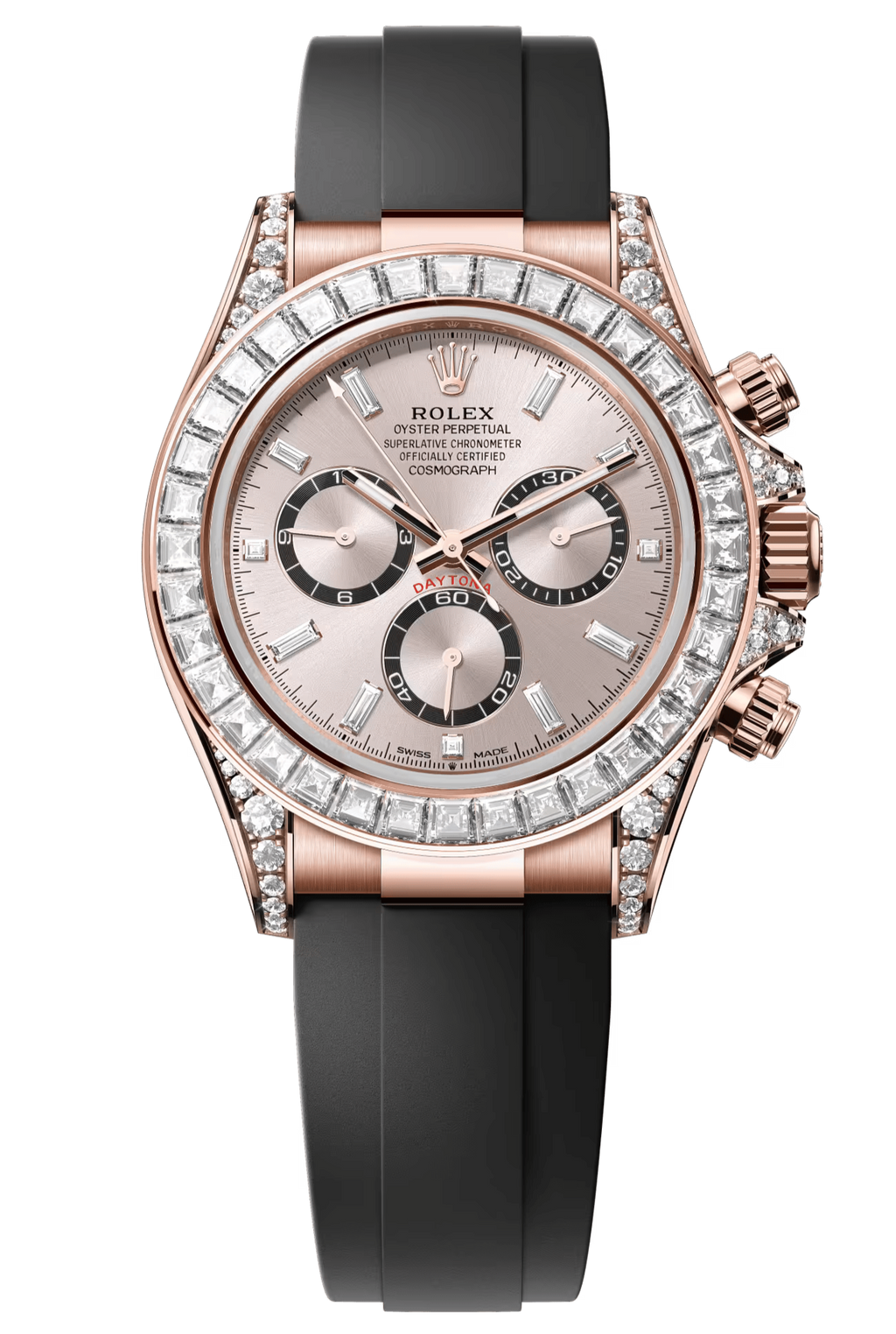 Rolex Cosmograph Daytona 40mm Rose Gold Diamond Baguette Sundust Dial Diamond Bezel Oysterflex - 126535RBR - New 2025
