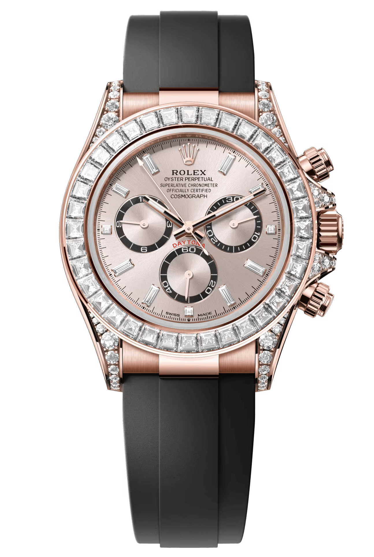 Rolex Cosmograph Daytona 40mm Rose Gold Diamond Baguette Sundust Dial Diamond Bezel Oysterflex - 126535RBR - New 2025