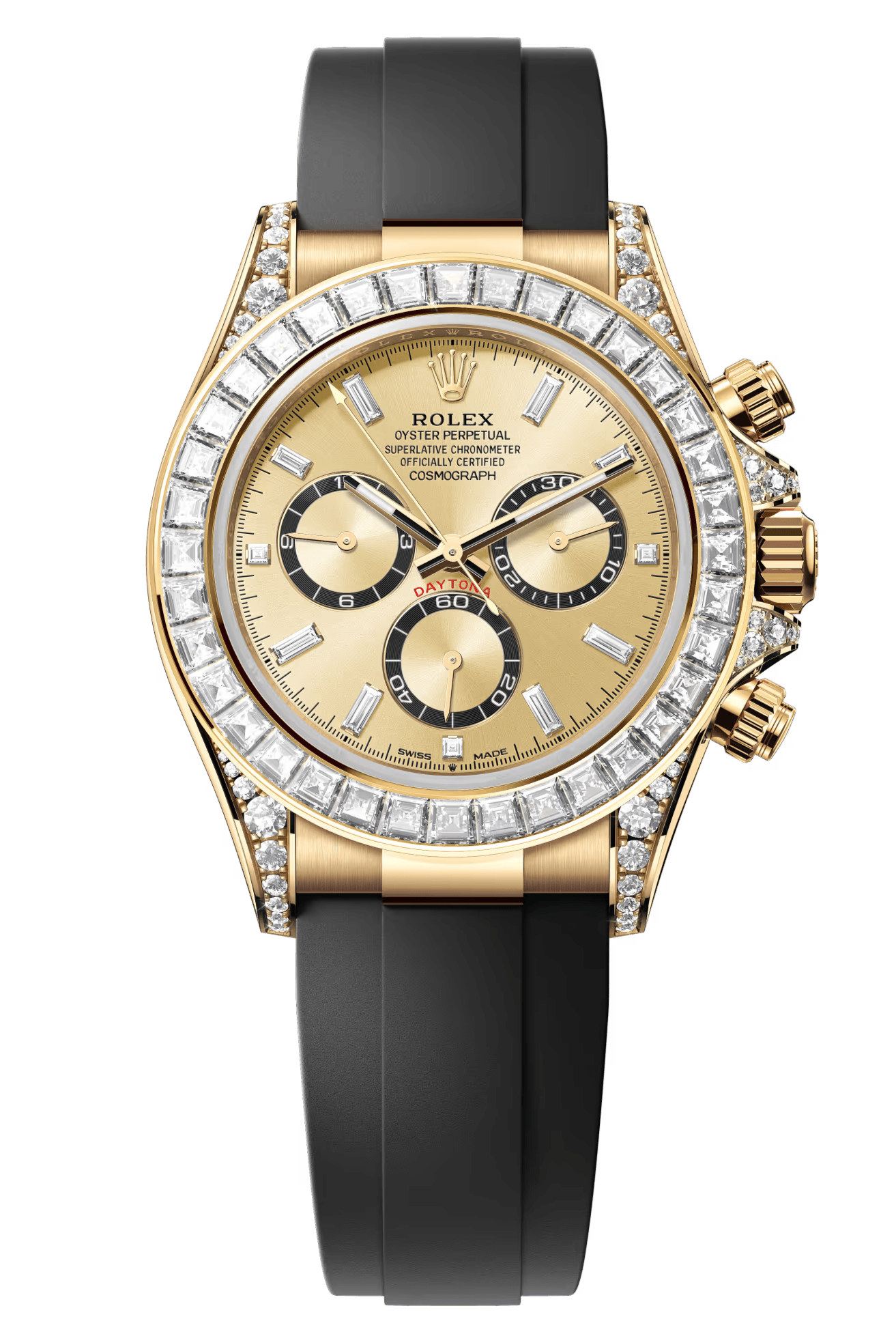 Rolex Cosmograph Daytona 40mm Yellow Gold Diamond Baguette Champagne Dial Diamond Bezel Oysterflex - 126538RBR - New 2025