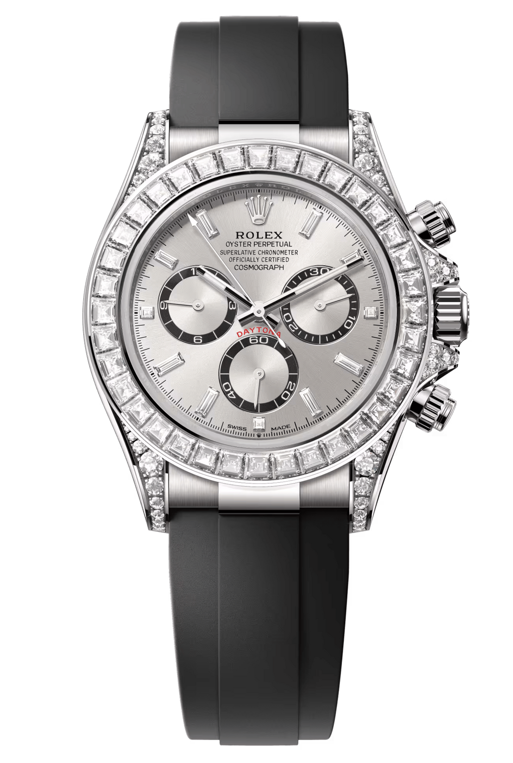 Rolex Cosmograph Daytona 40mm White Gold Diamond Baguette Silver Dial Diamond Bezel Oysterflex - 126539RBR - New 2025