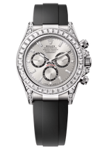 Rolex Cosmograph Daytona 40mm White Gold Diamond Baguette Silver Dial Diamond Bezel Oysterflex - 126539RBR - New 2025