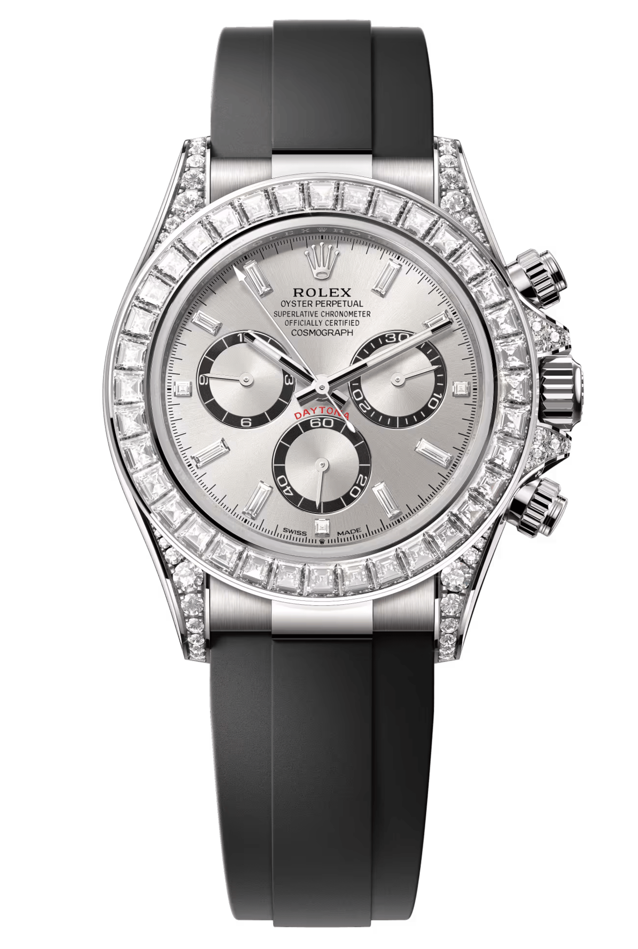 Rolex Cosmograph Daytona 40mm White Gold Diamond Baguette Silver Dial Diamond Bezel Oysterflex - 126539RBR - New 2025