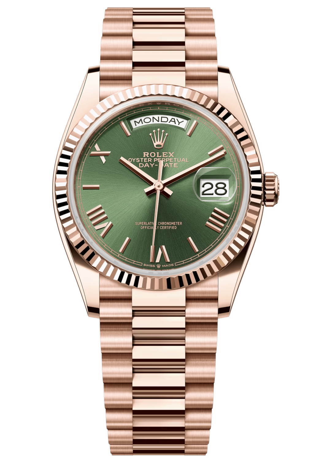 Rolex Day-Date "President" 36mm Everose Olive Green Roman Dial - 128235 - New 2025