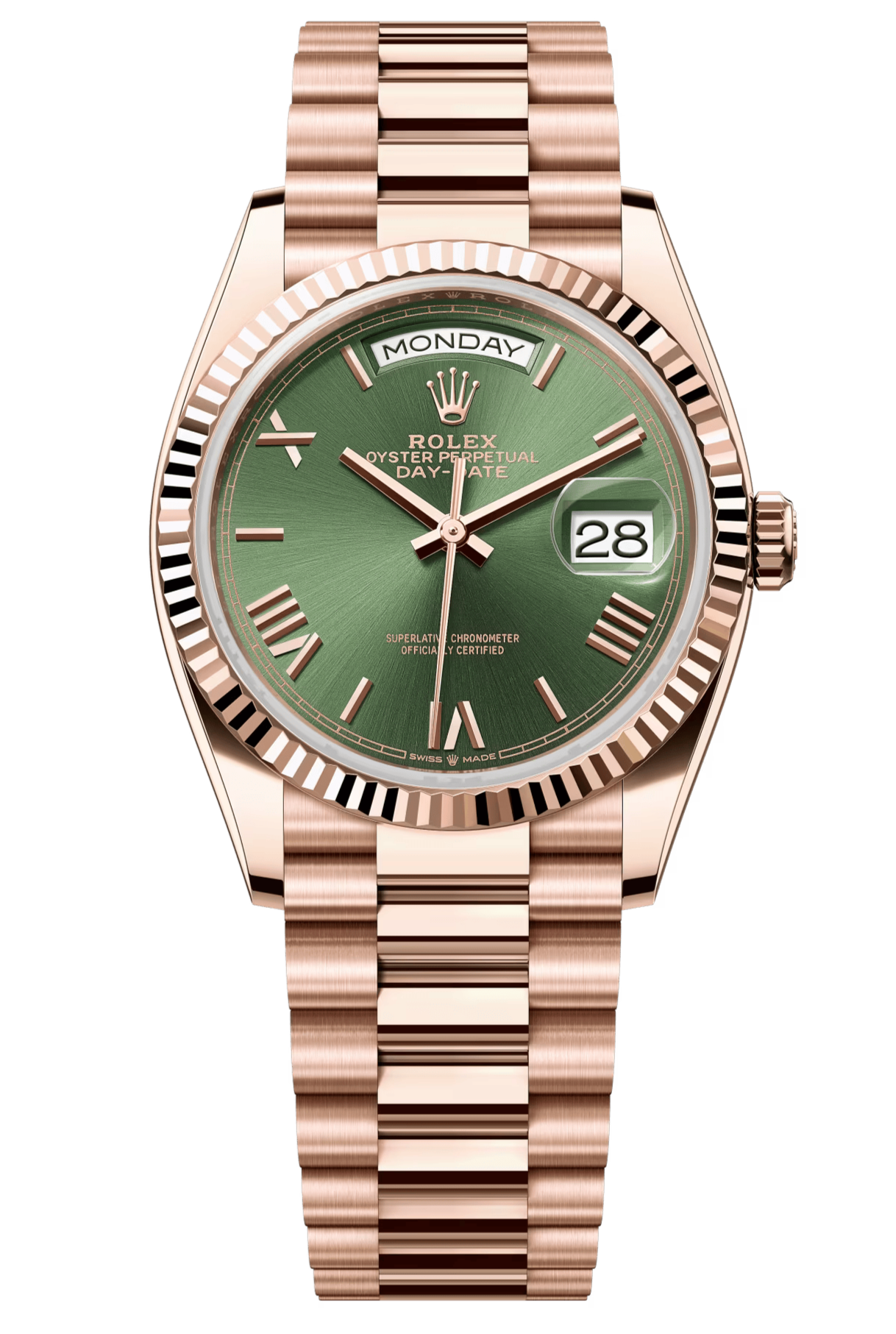 Rolex Day-Date "President" 36mm Everose Olive Green Roman Dial - 128235 - New 2025