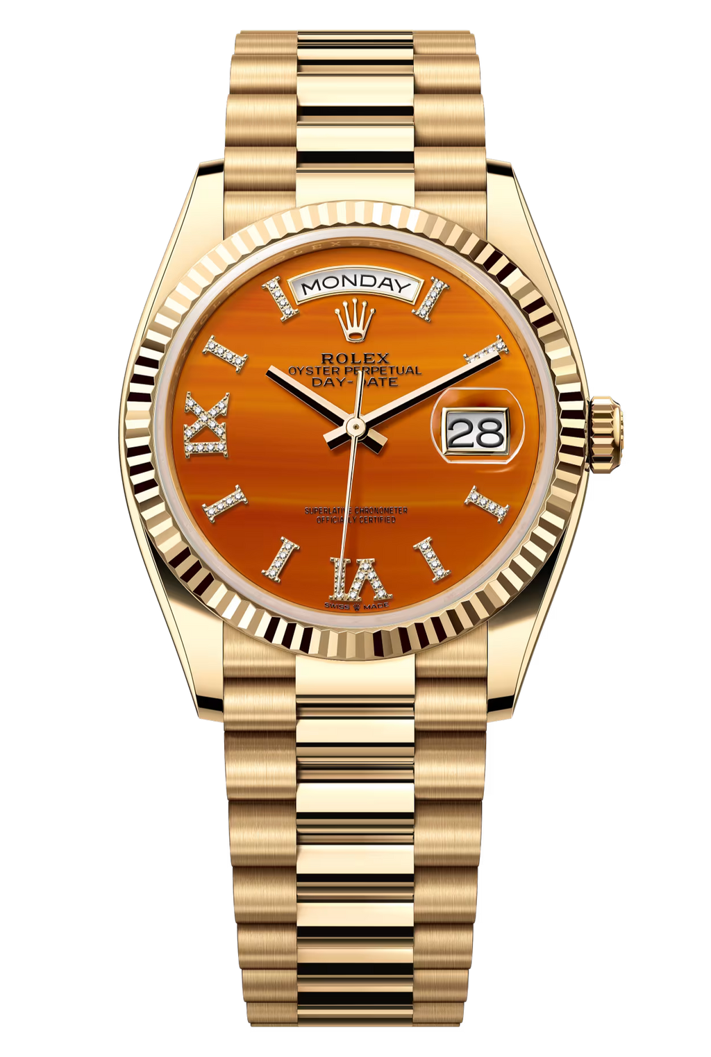 Rolex Day-Date "President" 36mm Everose Carnelian Roman Diamond Dial - 128235 - New 2025