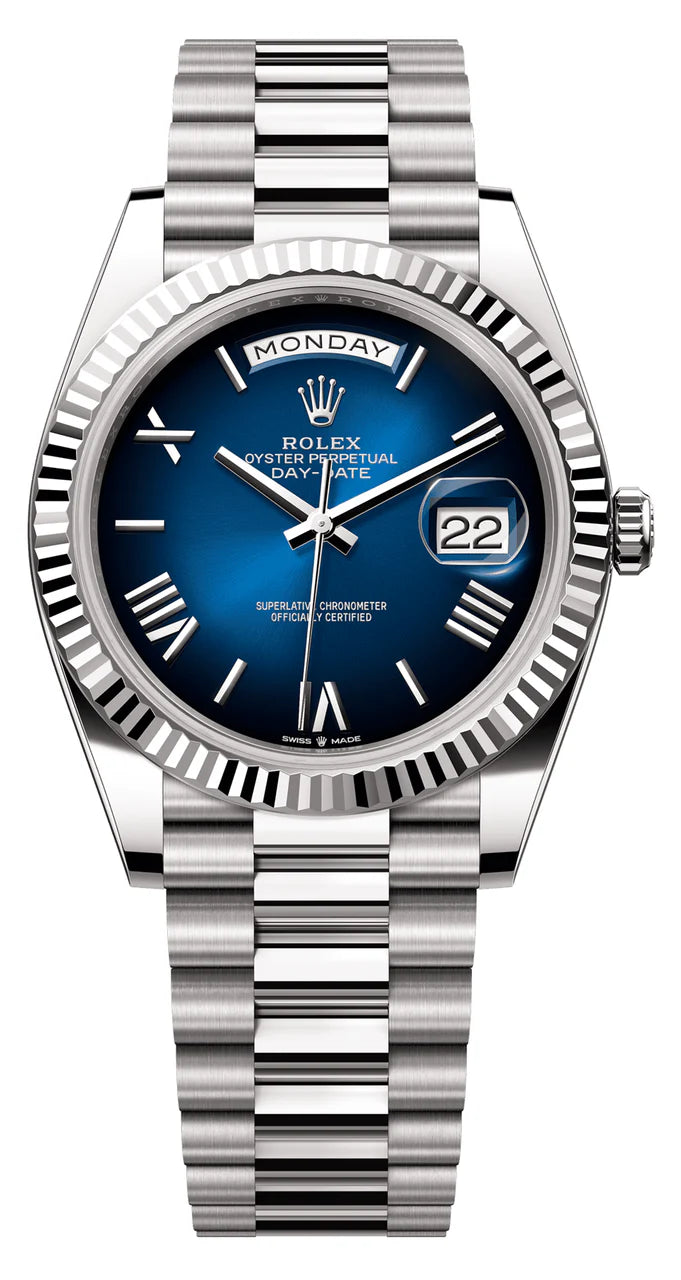 Rolex Day-Date "President" 40mm White Gold Blue Roman Ombre Dial - 228239 - New 2025