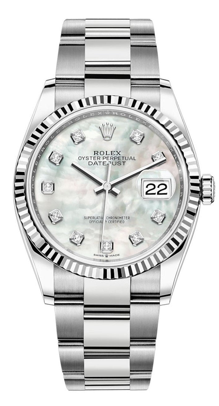 Rolex Datejust 36mm Fluted Bezel Mother of Pearl Diamond Dial Oyster - 126234 - New 2025