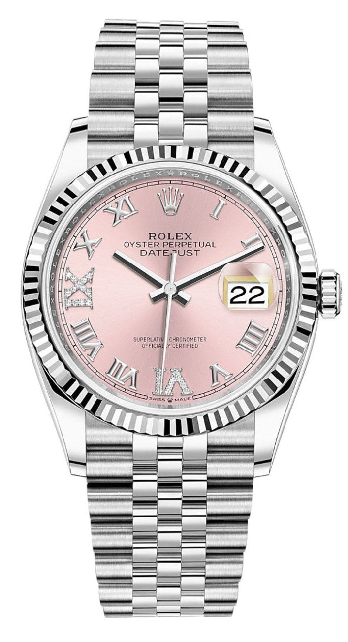 Rolex Datejust 36mm Fluted Bezel Pink Roman Diamond Dial Jubilee - 126234 - New 2025